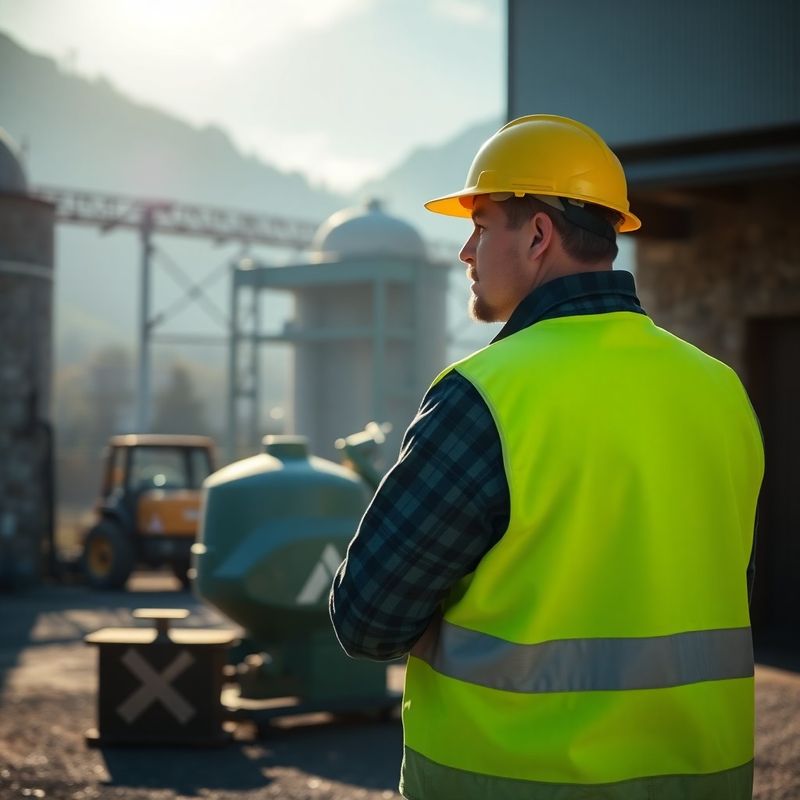 Slovenska industrijska cona v jutranji svetlobi z delavcem v varovalnem telovniku