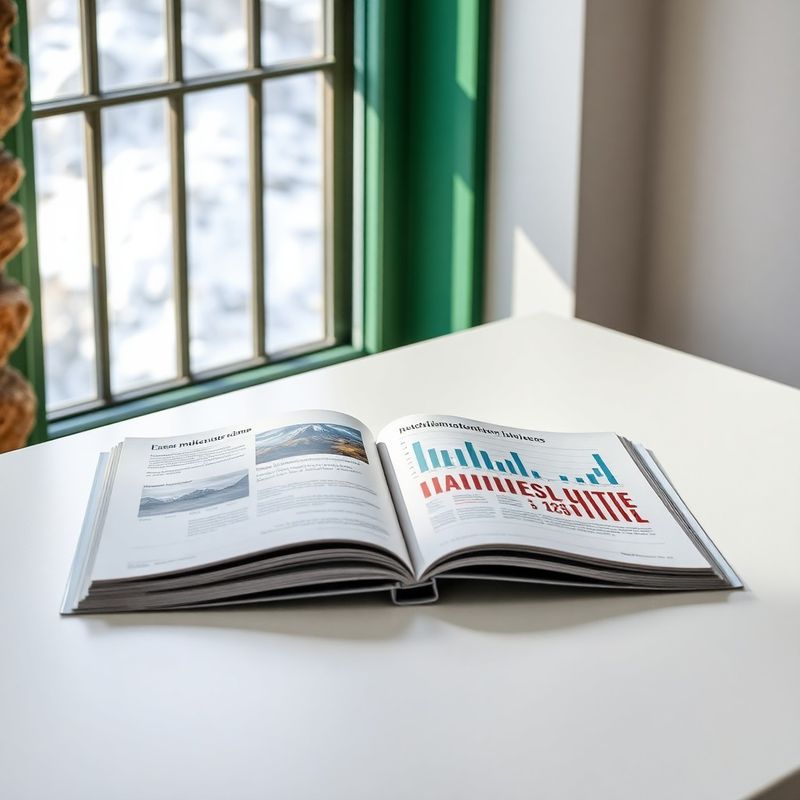Odprta revija in podatkovni grafikoni na svetlem uredniškem miznem prostoru